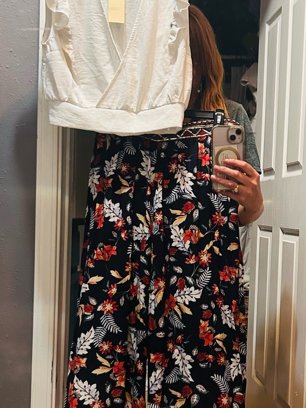 Monteau Black Maxi Skirt with Red and Cream Floral Print